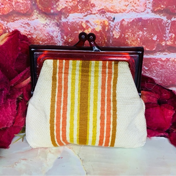 Handbags - Vintage 70s Orange And Cream Striped Kisslock Change Purse